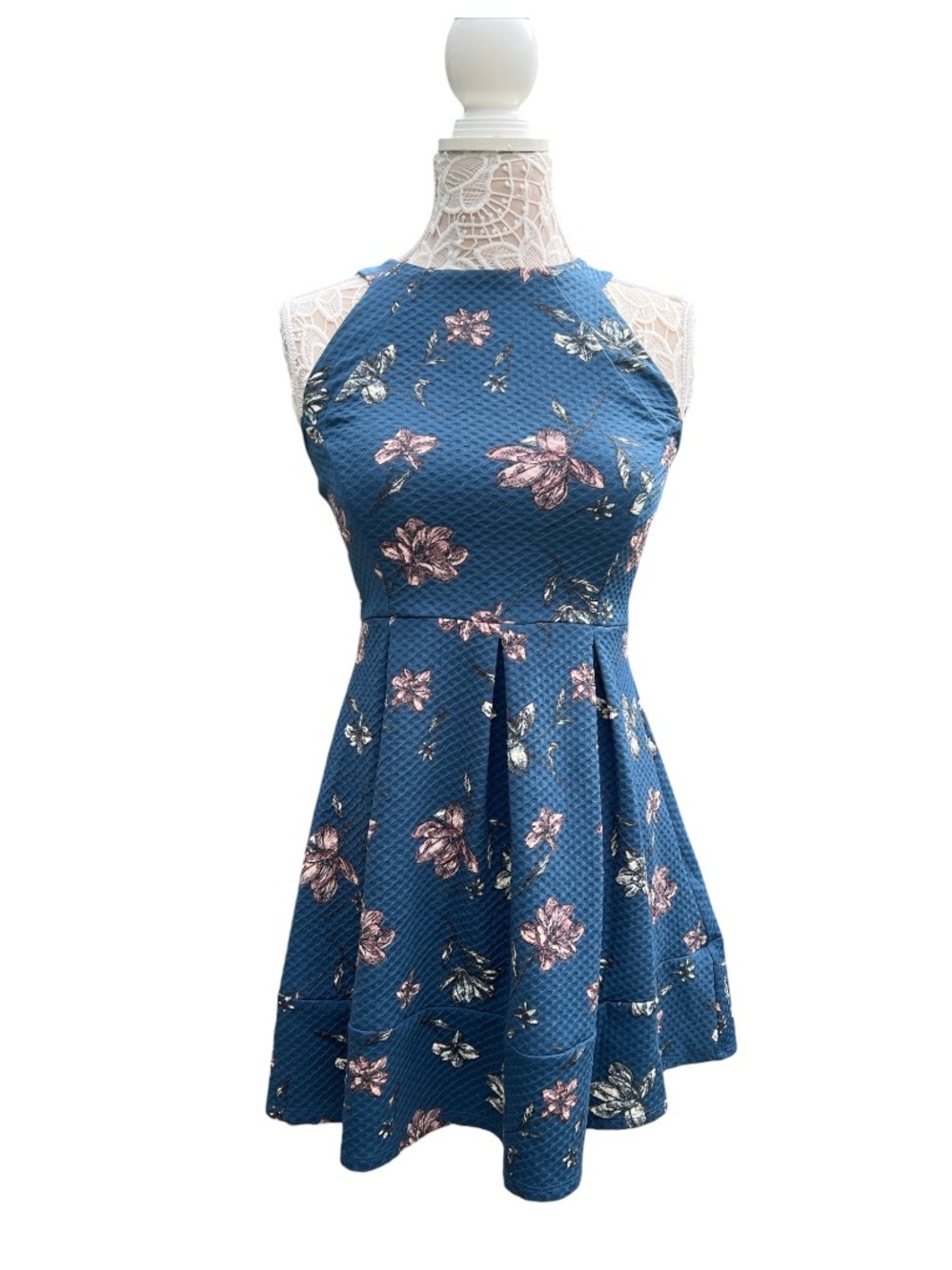 Xhiliration Blue Floral Dress Fit and Flare A line Key Hole Back